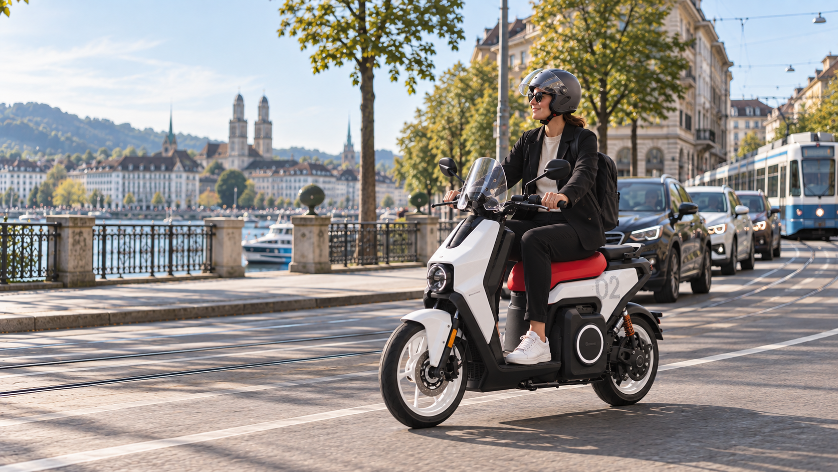 Pendler gleitet auf dem E-Roller entspannt an der Autokolonne vorbei durch die Stadt Zürich.
